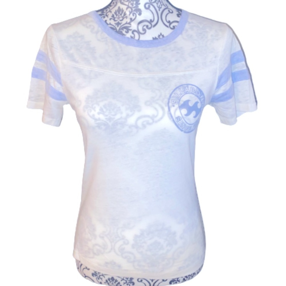 Billabong Women’s XS White & Pale Blue Jersey Style Burnout Sheer T-Shirt
